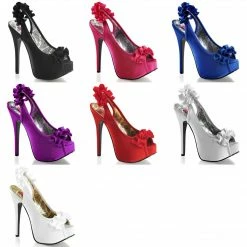 Discontinued BORDELLO Teeze-56 Satin Wedding Dress Ruffle Slingbacks Peep Heels