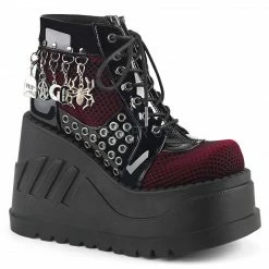 DEMONIA Stomp-18 Black Burgundy Velvet Spider Pentagram Cross Charms Goth Boots