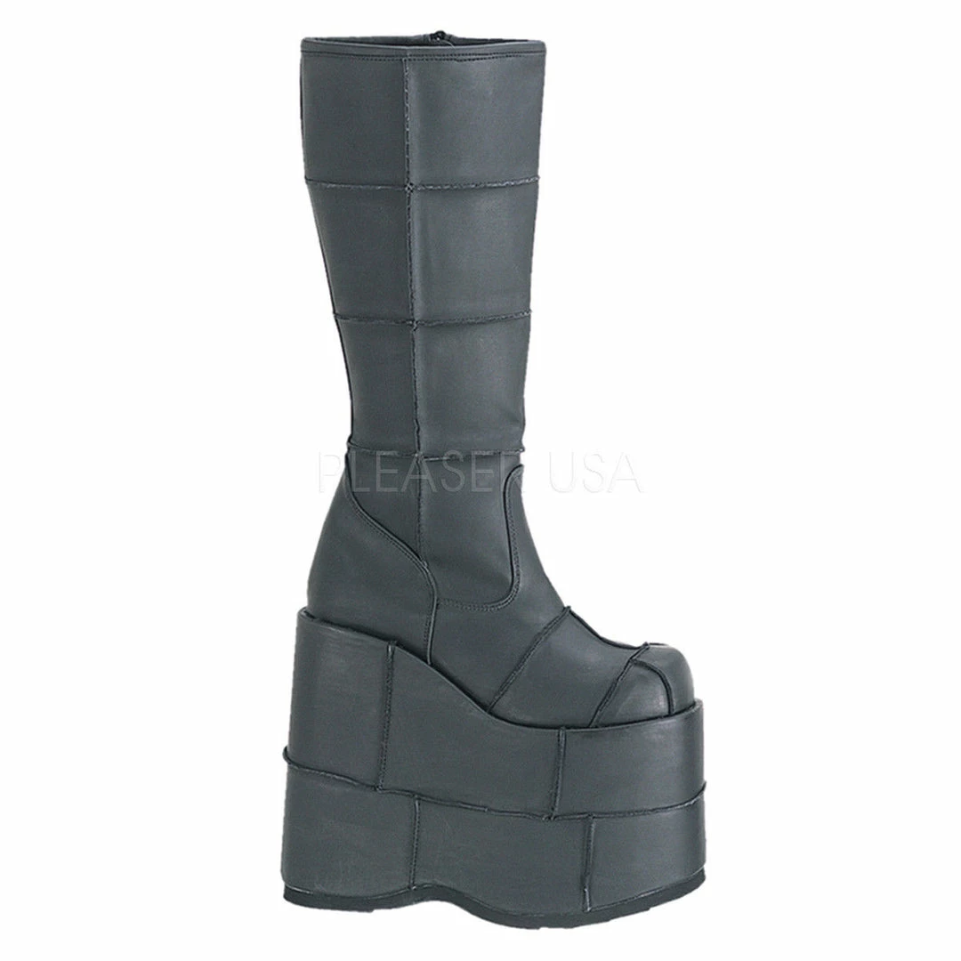 DEMONIA Stack-301 Black Vegan Leather Men's Unisex Goth Cyber Patching 7" Boots