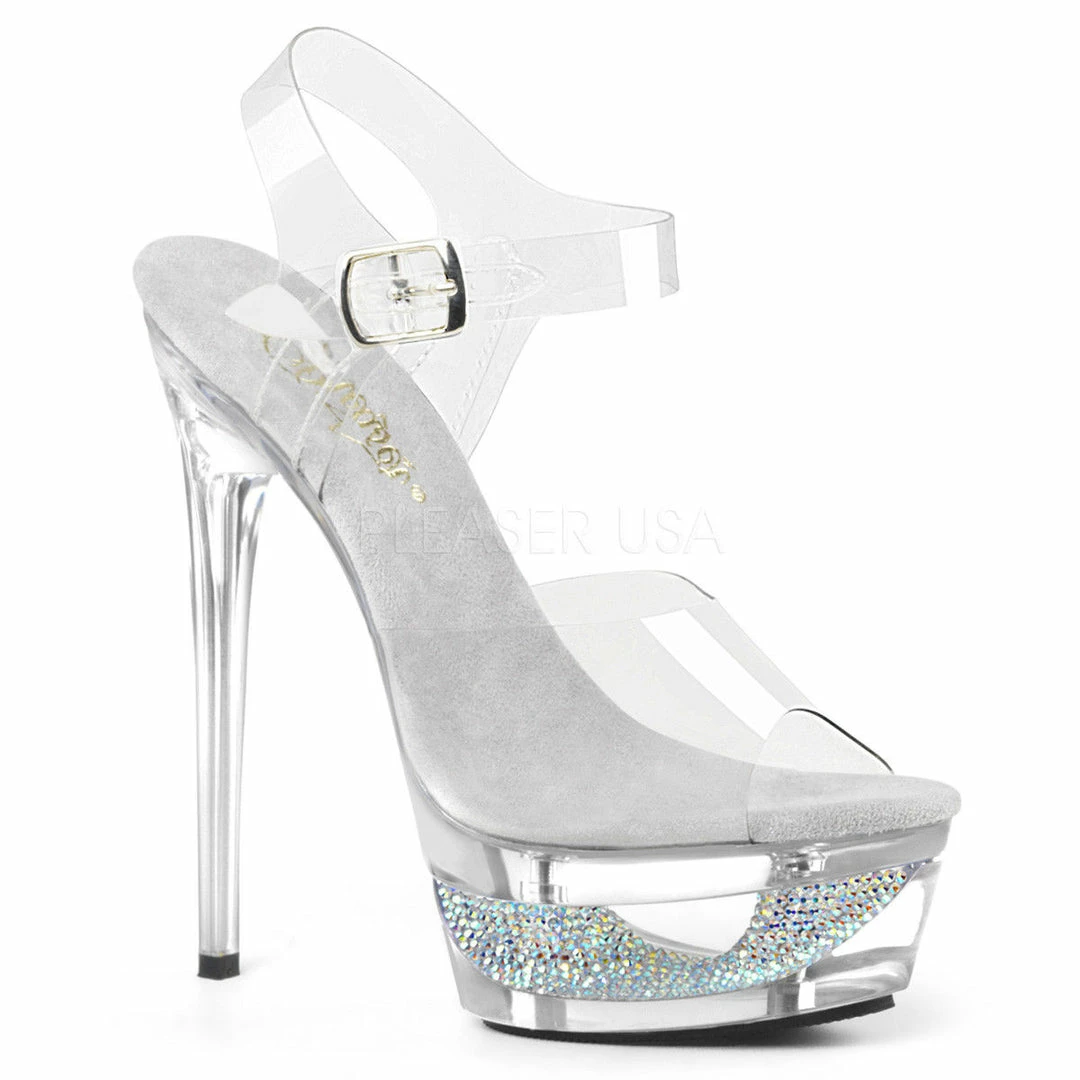PLEASER Eclipse-608DM Clear See Through Rhinestone Cut Out Platforms Strap Heels