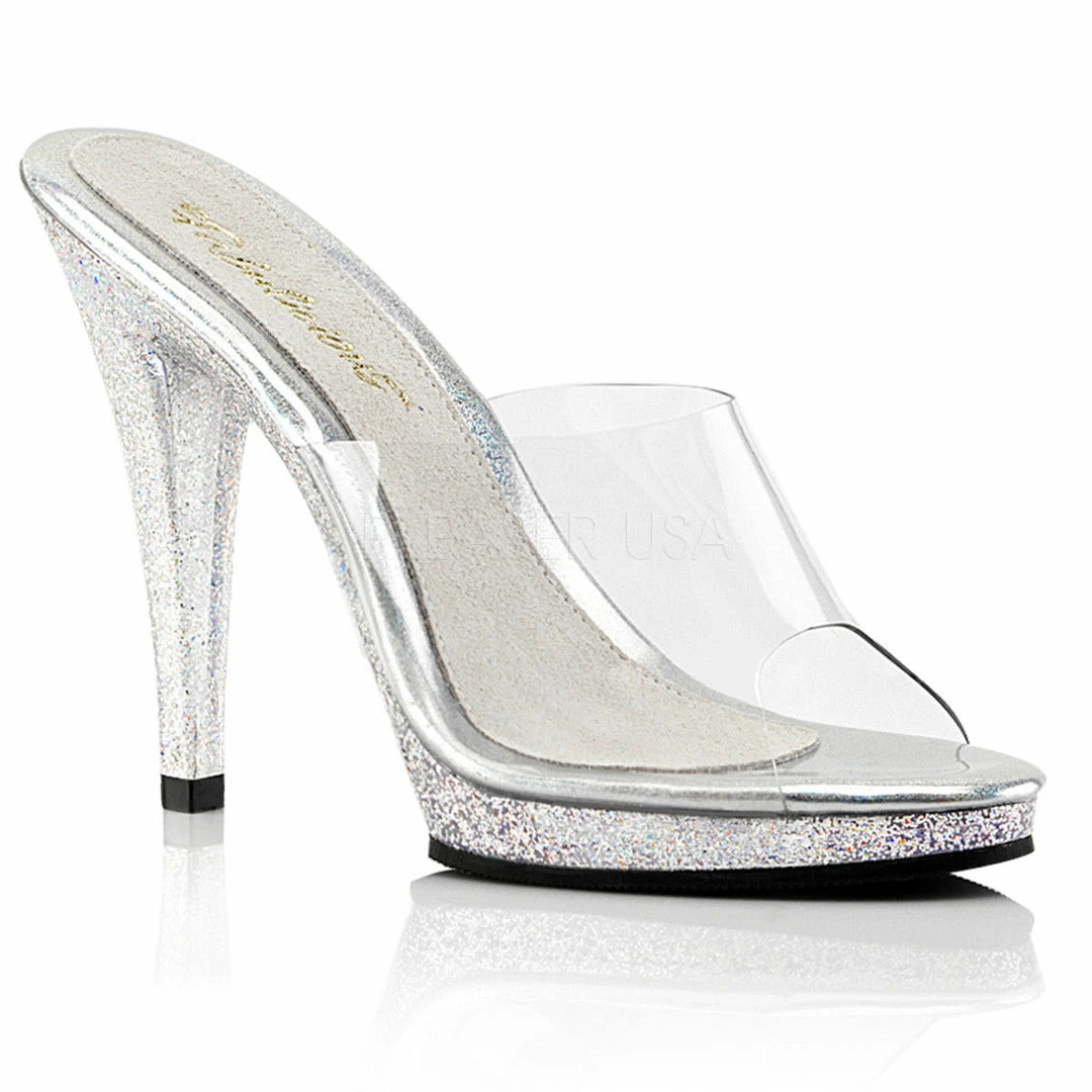 FABULICIOUS Flair-401MG Clear Glitter Drag Dress Slides Sandals 4.5" Heels 4-15