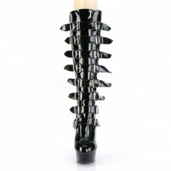 PLEASER Delight-2049 Black Patent Sexy Goth Multi Buckles 6" Stiletto Knee Boots