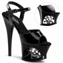 PLEASER Moon-709SK Black Skull Cut Out Stripper Club Ankle Strap Platforms Heels