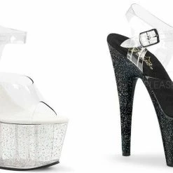 PLEASER Adore-708MG Black Mini Glitter Pole Dancer Ankle Strap Platform 7" Heels