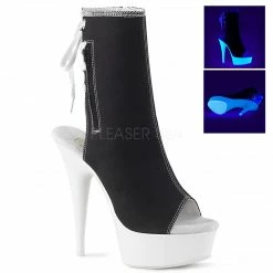 PLEASER Delight-1018SK Black Red Denim Blacklight Reactive Open Toe Back Boots