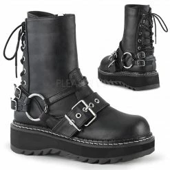 DEMONIA Lilith-210 Black Rear Lace Up Oxford White Stitching Goth Biker Boots Heels