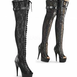PLEASER Delight-3025ML Sexy Goth Black Lace Appliqued Mesh 6" Thigh High Boots