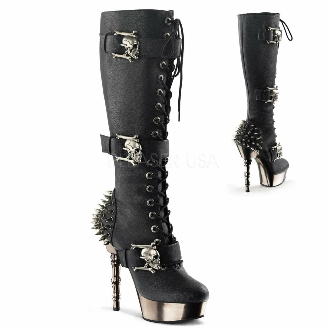 DEMONIA Muerto-2028 Black Pewter Chrome Goth Skull Buckles Knee Boots Bone Heels