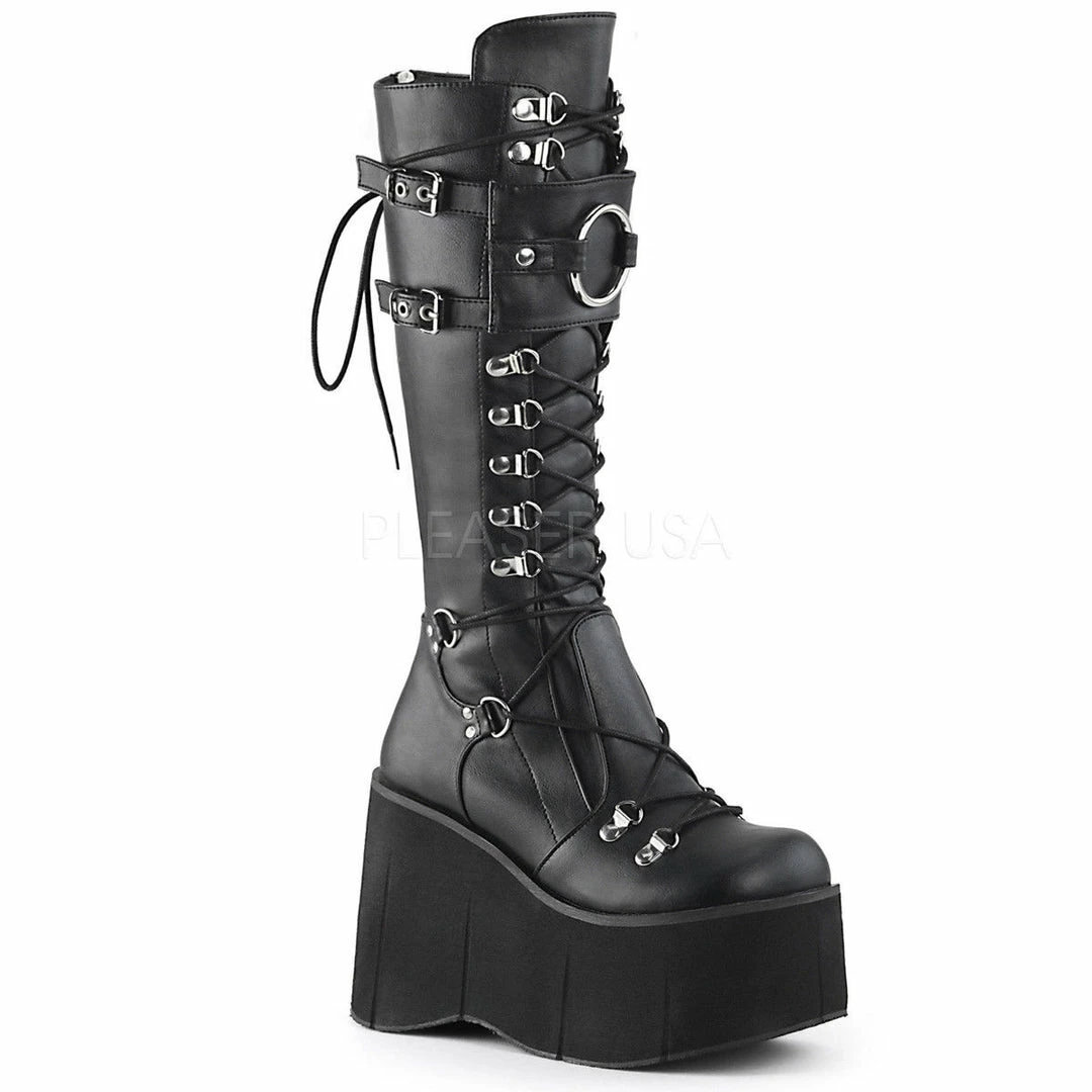 DEMONIA Kera-200 D-Ring Lace Up Goth Cyber Alternative 4.5" Platforms Knee Boots