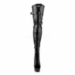 PLEASER Delight-3025 Black Stretch Faux Leather Lace Up Zipper 6" Thigh Boots