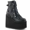 DEMONIA Swing-103 Goth Metal Bat Buckles 5.5" Platform Wedge Calf Ankle Boots