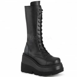 DEMONIA Shaker-72 Black Vegan Leather Goth Platforms Wedges Mid Calf Knee Boots