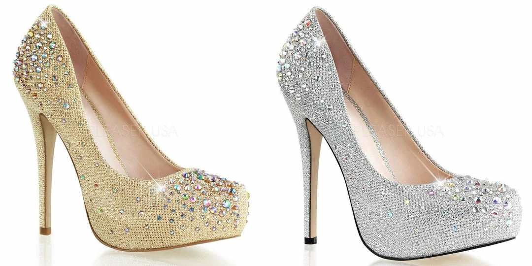 FABULICIOUS Destiny-06R Nude Silver Glitter Mesh Fabric Wedding Formal Heel Pump
