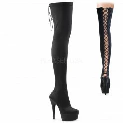 PLEASER Delight-3003 Black Lycra Exotic Stripper Dancer Back Lace Up Thigh Boots