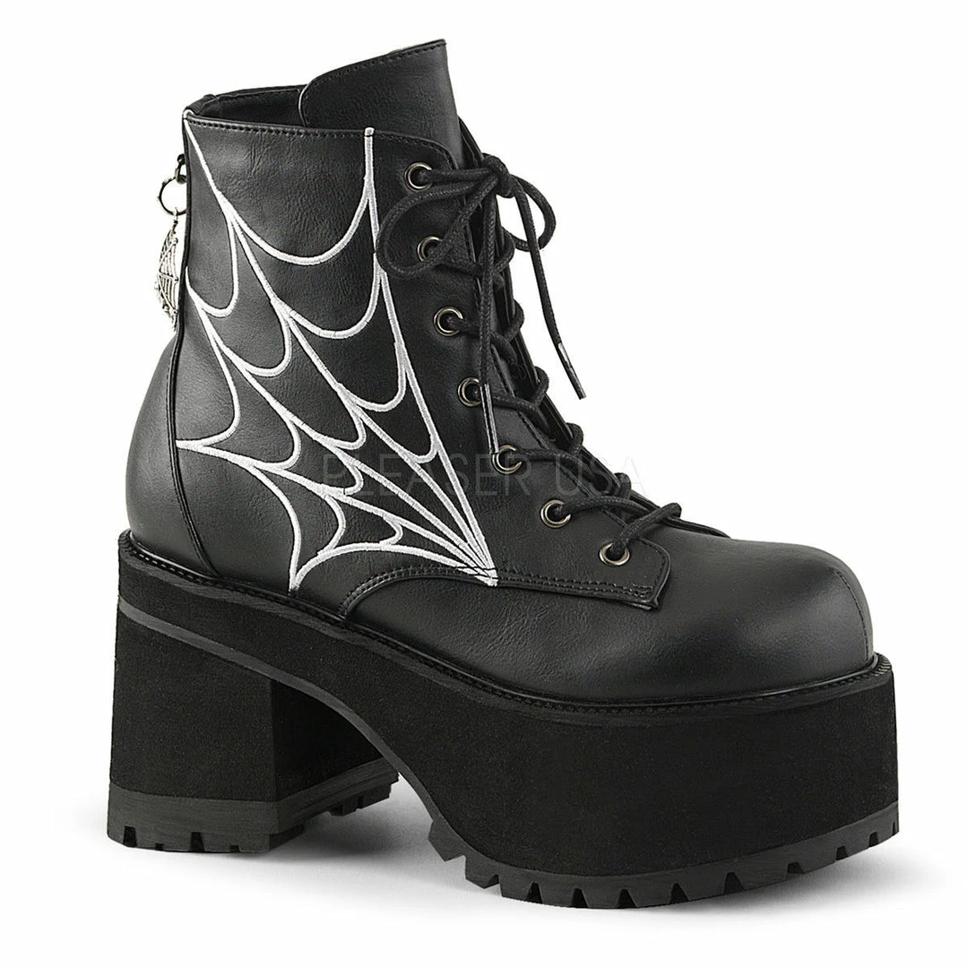DEMONIA Ranger-105 Embroidered Spider Web Charm Goth Anke Calf Platforms Boots