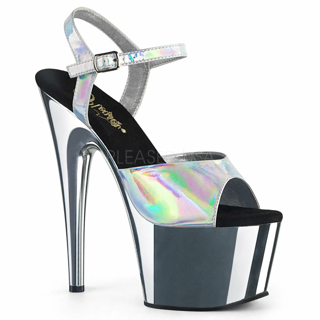 PLEASER Adore-709HGCH Silver Hologram Chrome Sandals Club Platforms 7" Heels