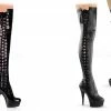 PLEASER Delight-3050 Black Goth Corset Lace Up Side Ribbon 6" Thigh High Boots