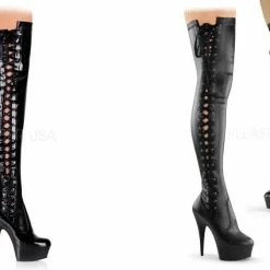 PLEASER Delight-3050 Black Goth Corset Lace Up Side Ribbon 6" Thigh High Boots