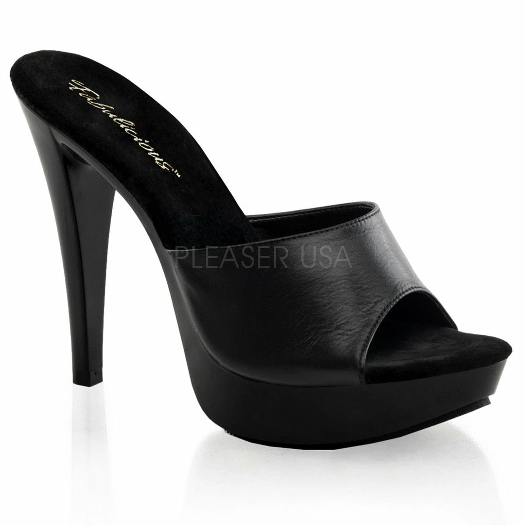 FABULICIOUS Cocktail-501L Black Leather Formal Dress Party Platform Slides Heels