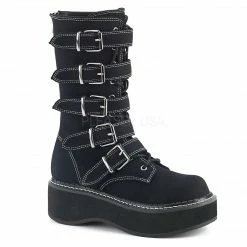 DEMONIA Emily-341 Women's Black Canvas Goth 5 Buckle 2" Platforms Mid Calf Boots