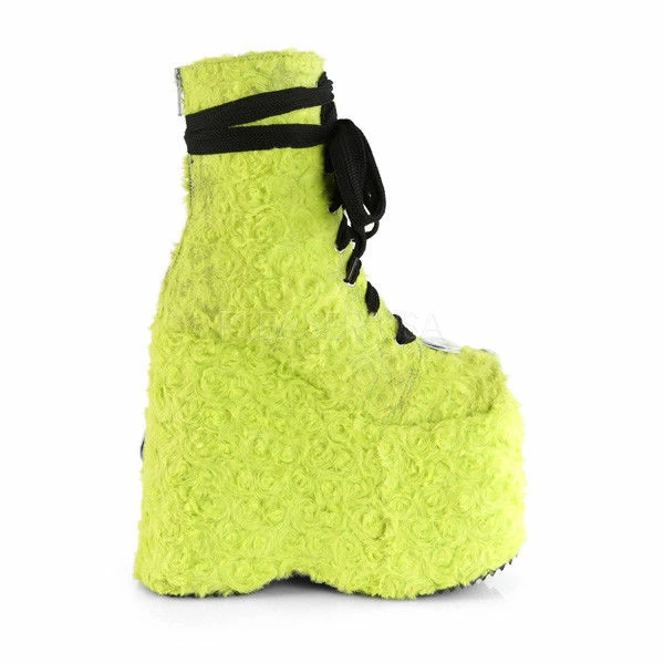 DEMONIA Slay-206 Lime Green Faux Fur Googly Eyes Funky 7" Platform Ankle Boots