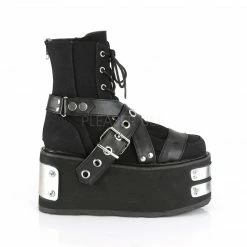 DEMONIA Damned-116 Black Vegan Leather Magic Mirror TPU Metal Plate Ankle Boots