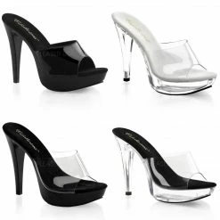 FABULICIOUS Cocktail-501 Clear Black Platforms Slip On Slides 5" Heels