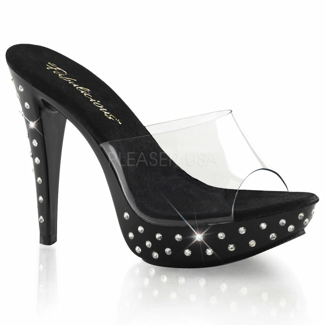 FABULICIOUS Cocktail-501SDT Black Clear Rhinestones Party Platform Slides Heels