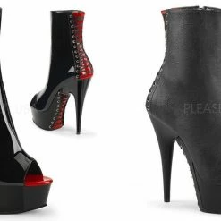 PLEASER Delight-1025 Black Red Goth Fetish Corset Ribbon 6" Stiletto Ankle Boots
