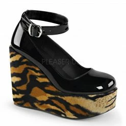 Discontinued DEMONIA Poison-03 Goth Tiger Faux Fur Ankle Strap Platforms Heels