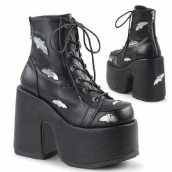 DEMONIA Camel-201 Silver Bat Hologram Studs Goth Chunky Thick Heels Ankle Boots