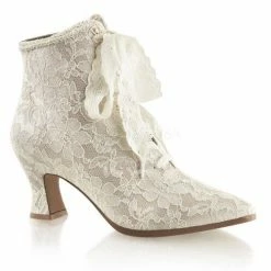 FABULICIOUS Victorian-30 Champagne Ivory Satin Lace Bridal Boots Kitten Heels