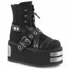 DEMONIA Damned-116 Black Vegan Leather Magic Mirror TPU Metal Plate Ankle Boots