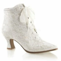 FABULICIOUS Victorian-30 Champagne Ivory Satin Lace Bridal Boots Kitten Heels