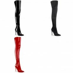 PLEASER Courtly-3012 Black Red Patent Satin Back Slit 5" Heel Thigh High Boots