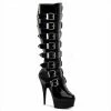 PLEASER Delight-2049 Black Patent Sexy Goth Multi Buckles 6" Stiletto Knee Boots