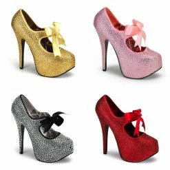 Discontinued BORDELLO Teeze-04R Pink Red Gold Silver Rhinestone Burlesque Heels