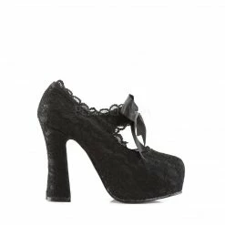 DEMONIA Demon-11 Black Satin Lace Goth Ribbon Bow Platforms Mary Janes 5