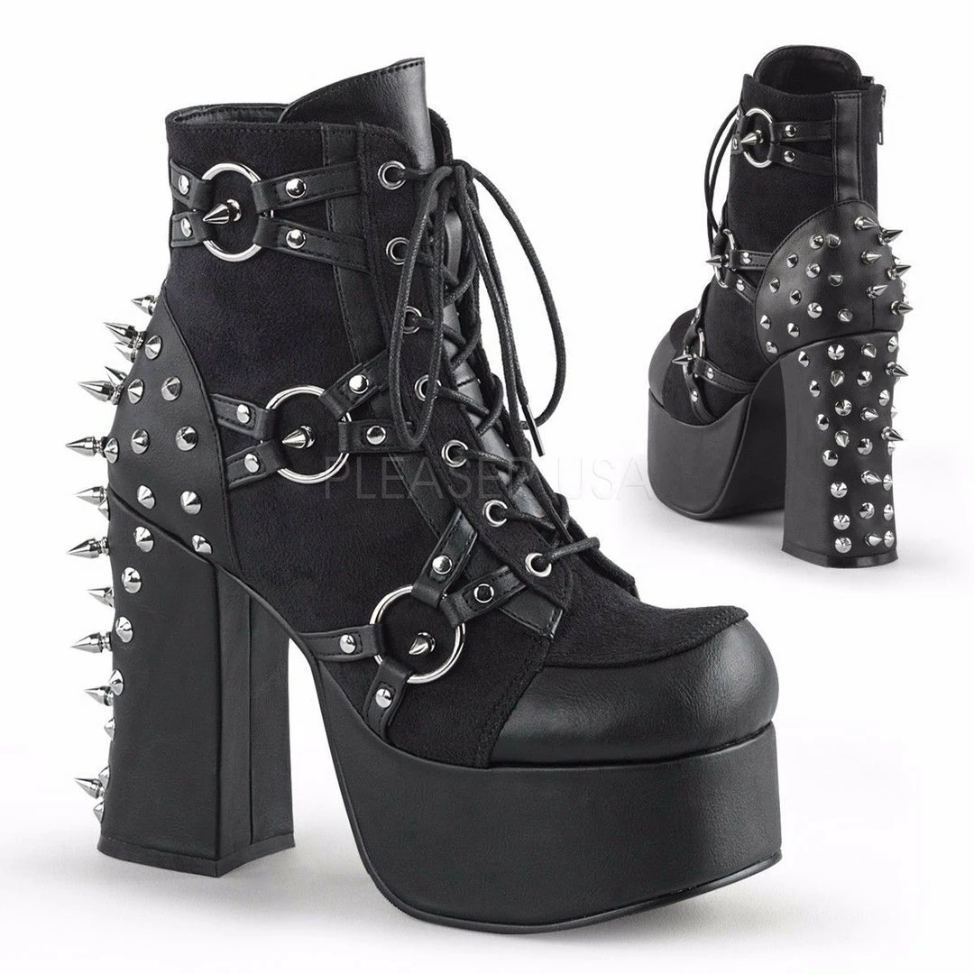 DEMONIA Charade-100 Black Vegan Leather Suede Goth Punk Spike Studs Ankle Boots