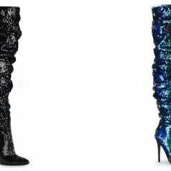 PLEASER Courtly-3011 Black Green Ruched Slouchy Sequins 5" Heel Thigh High Boots