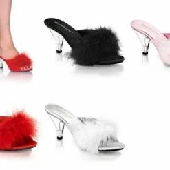 FABULICIOUS Belle-301F Satin Fluffy Fur Feathers Bedroom Slippers Mules 3" Heels
