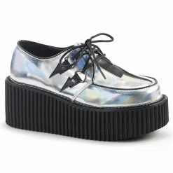 Discontinued DEMONIA Creeper-218 Silver Hologram Lightning Bolt Goth 3" Heels