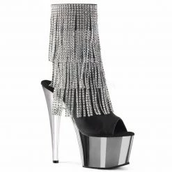 PLEASER Adore-1024RSF Black Chrome Rhinestones Fringe Ankle Calf Boots 7" Heels