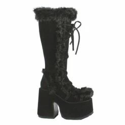 DEMONIA Camel-311 Black Vegan Suede Faux Fur Winter Goth 5" Platform Boots
