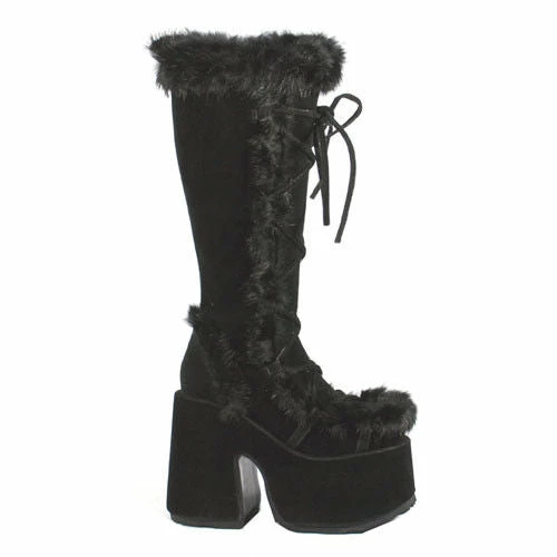 DEMONIA Camel-311 Black Vegan Suede Faux Fur Winter Goth 5" Platform Boots