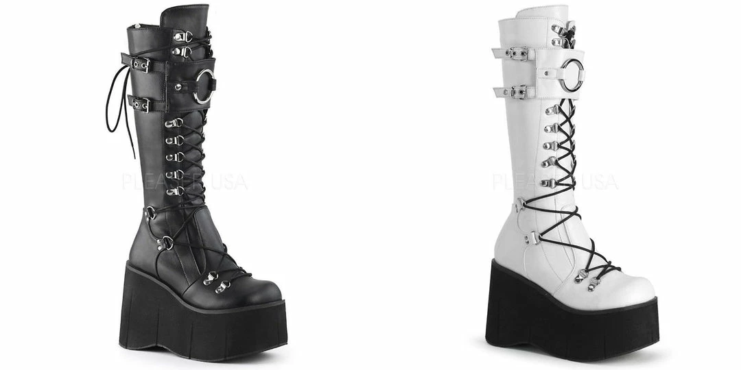 DEMONIA Kera-200 D-Ring Lace Up Goth Cyber Alternative 4.5" Platforms Knee Boots