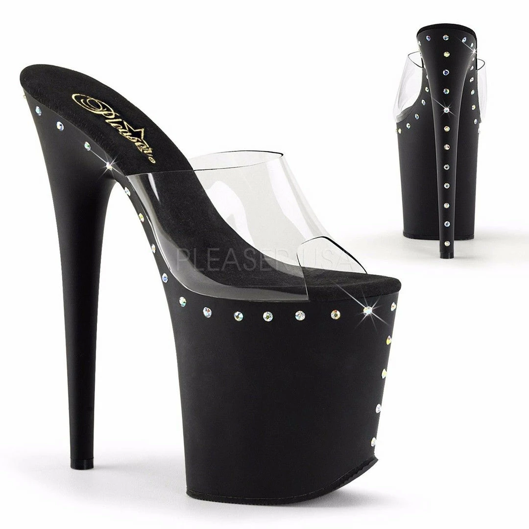 PLEASER Flamingo-801ABLS Clear Black Rhinestones Stripper Club 8" Platform Heels