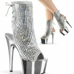 PLEASER Adore-1018DCS Silver Rhinestones Club Chrome Platforms Calf Boots Heels