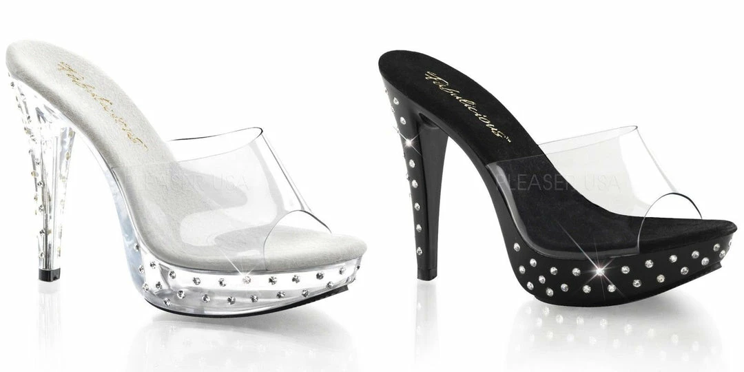 FABULICIOUS Cocktail-501SDT Black Clear Rhinestones Party Platform Slides Heels