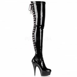 PLEASER Delight-3063 Black Patent Lace Up Back Side Zip 6" Thigh High Boots